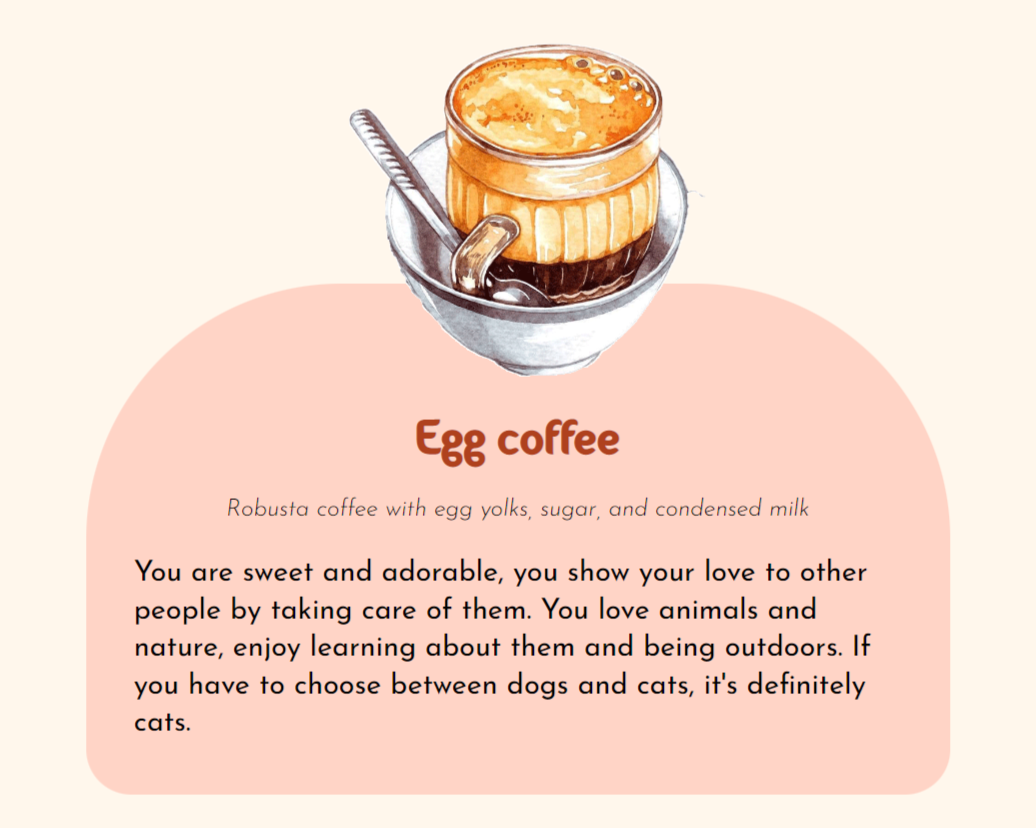 Example of dish description for egg coffee